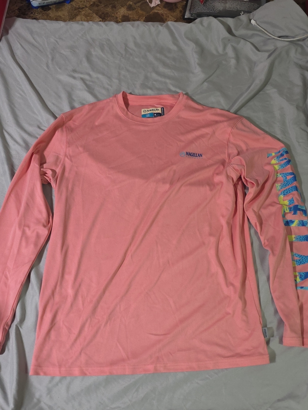 Magellan Outdoors Long Sleeve Tee Pink with Multicolor Sleeve Print